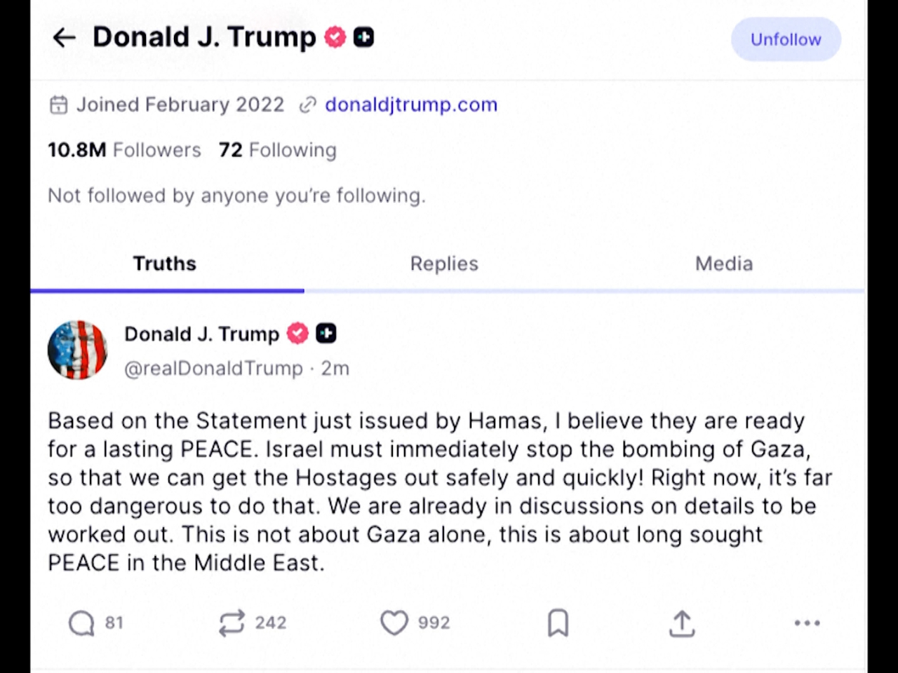US President Donald Trump made the statement after Hamas declared it was ready to free hostages under his ceasefire plan. Photo: Reuters