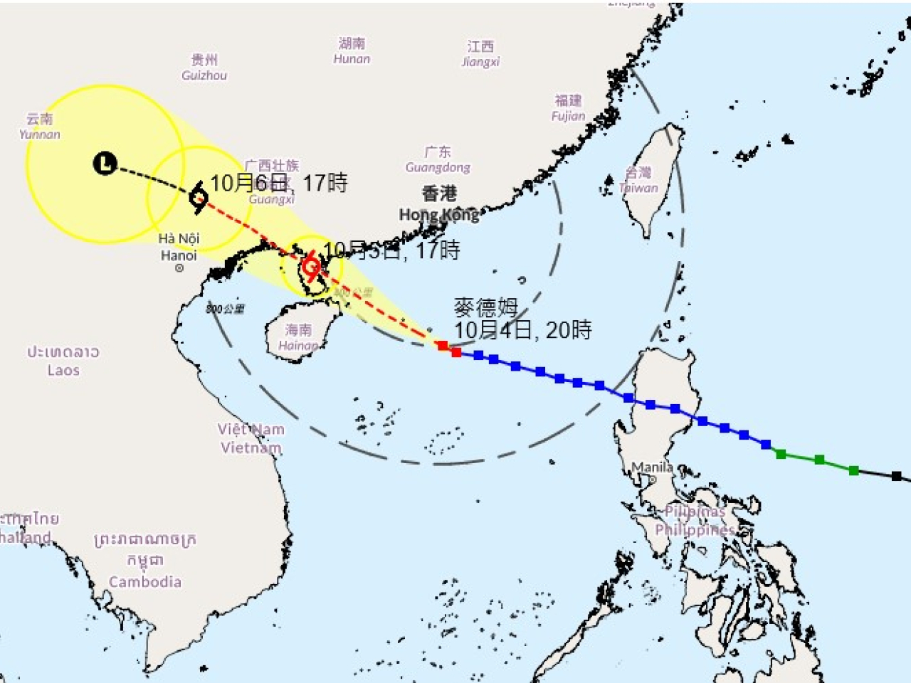 天文台說，過去數小時，麥德姆繼續穩定地移向雷州半島一帶並有所增強。(天文台網頁截圖)