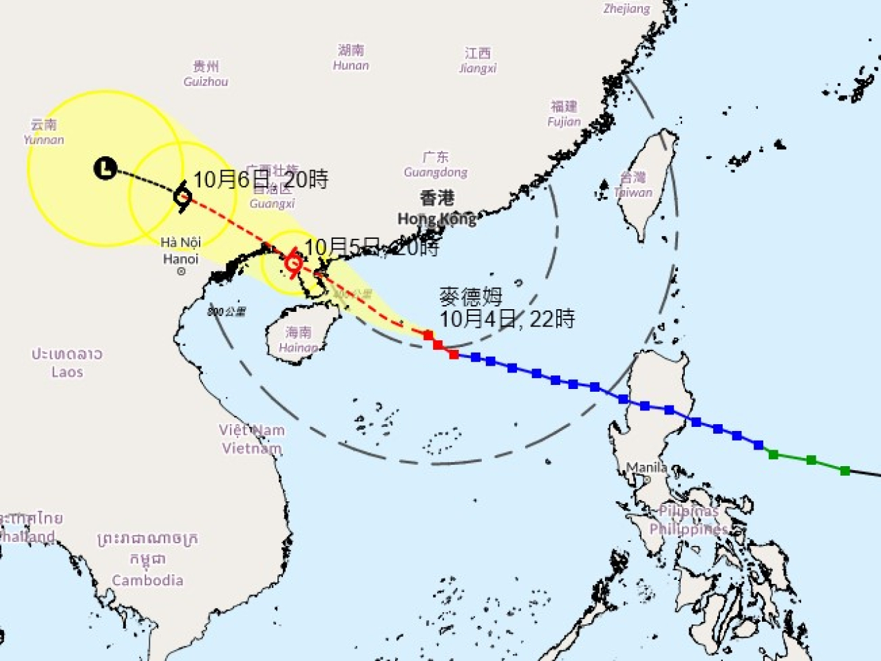 天文台表示，按照現時預測，颱風麥德姆會在明日凌晨至早上最接近本港。（天文台網頁）