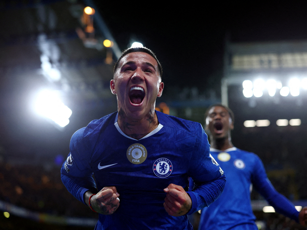 Chelsea's Enzo Fernandez celebrates their second goal scored by Estevao. Photo: Reuters