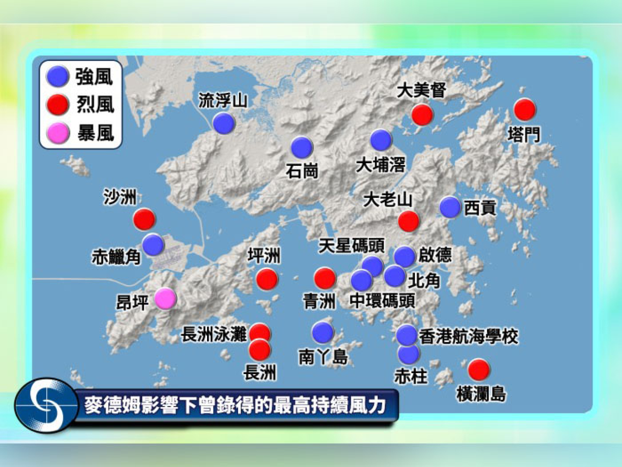 在三號強風信號下，本港普遍地區錄得強風，離岸及高地曾錄得烈風。（天文台網頁圖片）