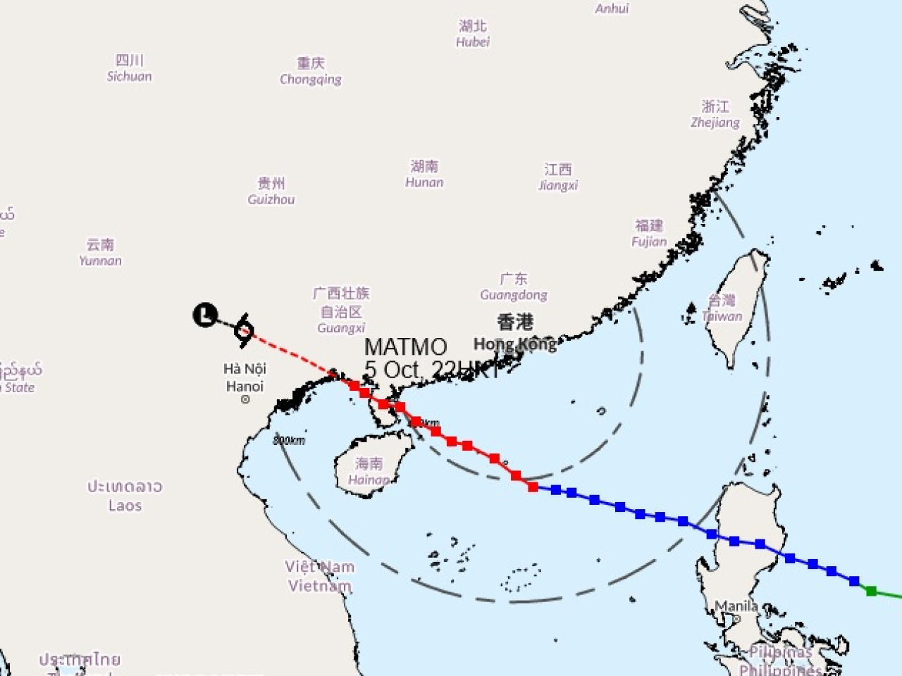 Matmo made landfall near Zhanjiang in Guangdong province and is continuing to move inland. Graphic courtesy of the Hong Kong Observatory