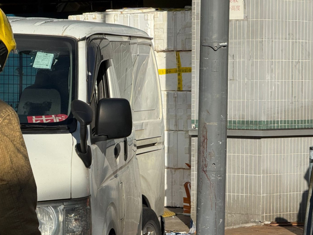 外籍女子被困於輕型貨車及一燈柱之間，燈柱上仍然留有血跡。（網上圖片）