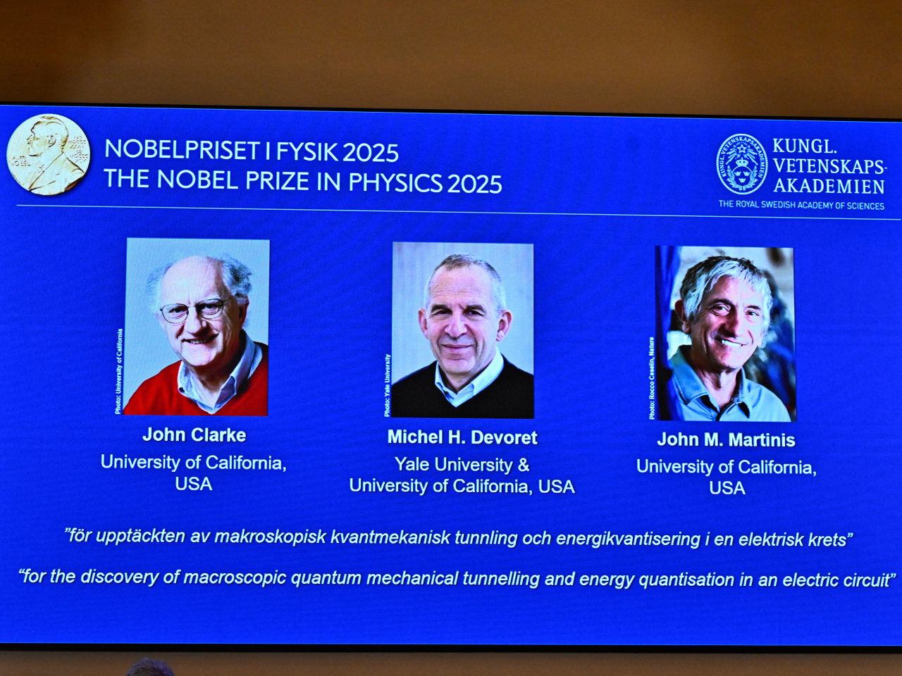 The three scientists won for 'the discovery of macroscopic quantum mechanical tunnelling and energy quantisation in an electric circuit'. Photo: Reuters