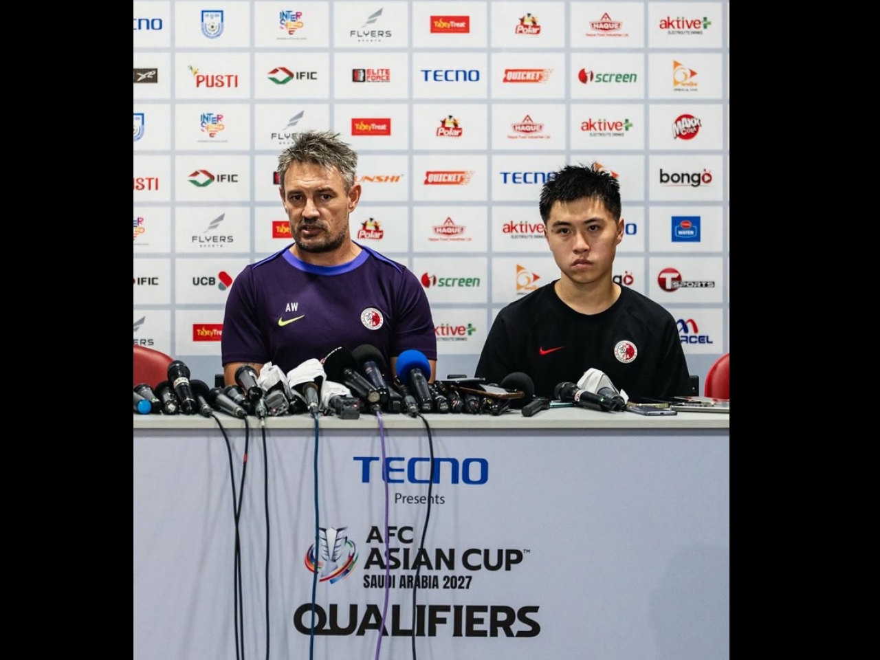 港隊主教練韋斯活及中場球員余在言出席賽前記者會。（足總FB圖片）
