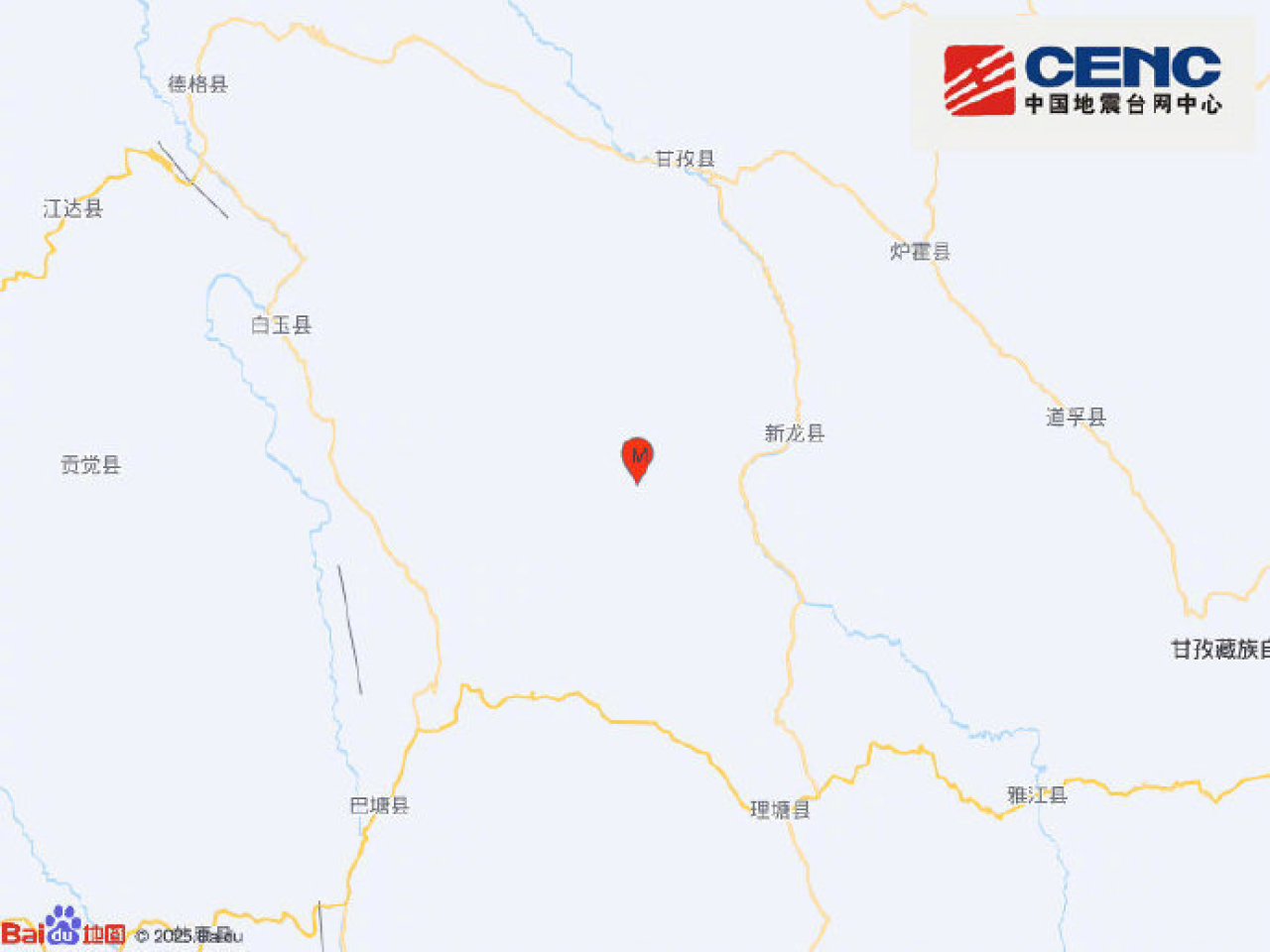 四川甘孜州新龍縣發生5.4級地震。（中國地震台網）