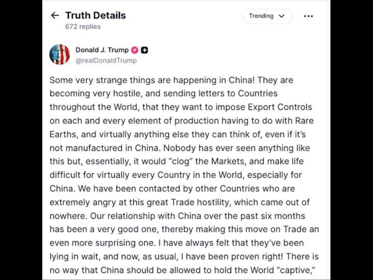 特朗普在社交平台發文，不滿中國加強稀土相關物項出口管制。（路透社）