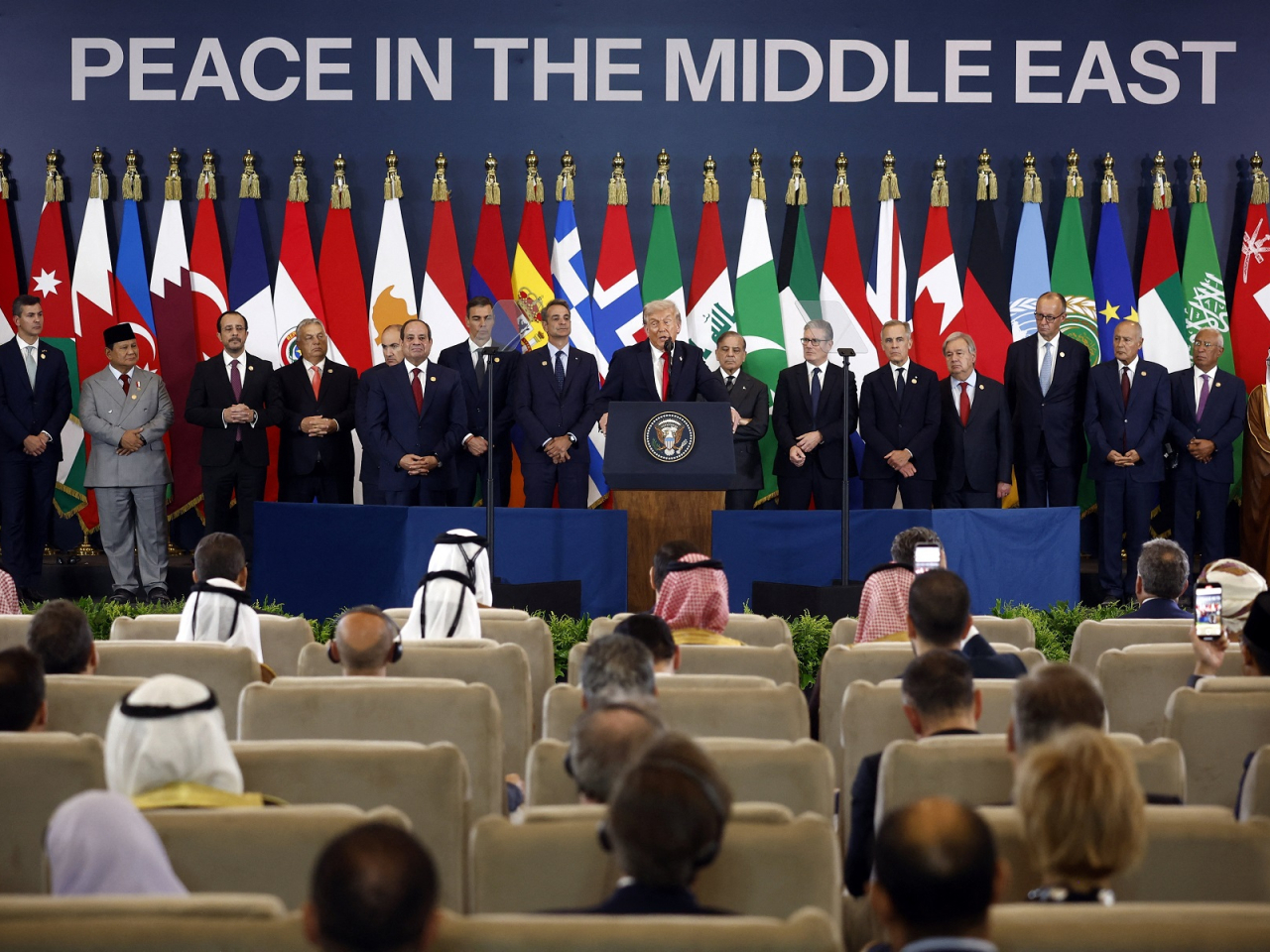 Donald Trump speaks during a world leaders' summit on ending the Gaza war in Sharm el-Sheikh, Egypt. Photo: Reuters
