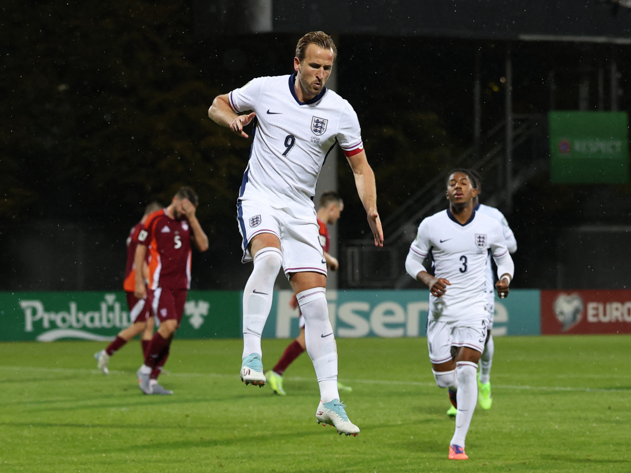 Kane struck twice late in the first half to propel England's 5-0 crushing of Latvia. Photo: Reuters
