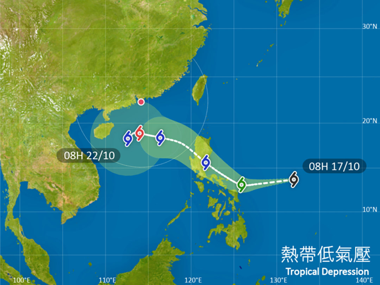 位於菲律賓以東海域的低壓區已增強為熱帶低氣壓。（天文台）