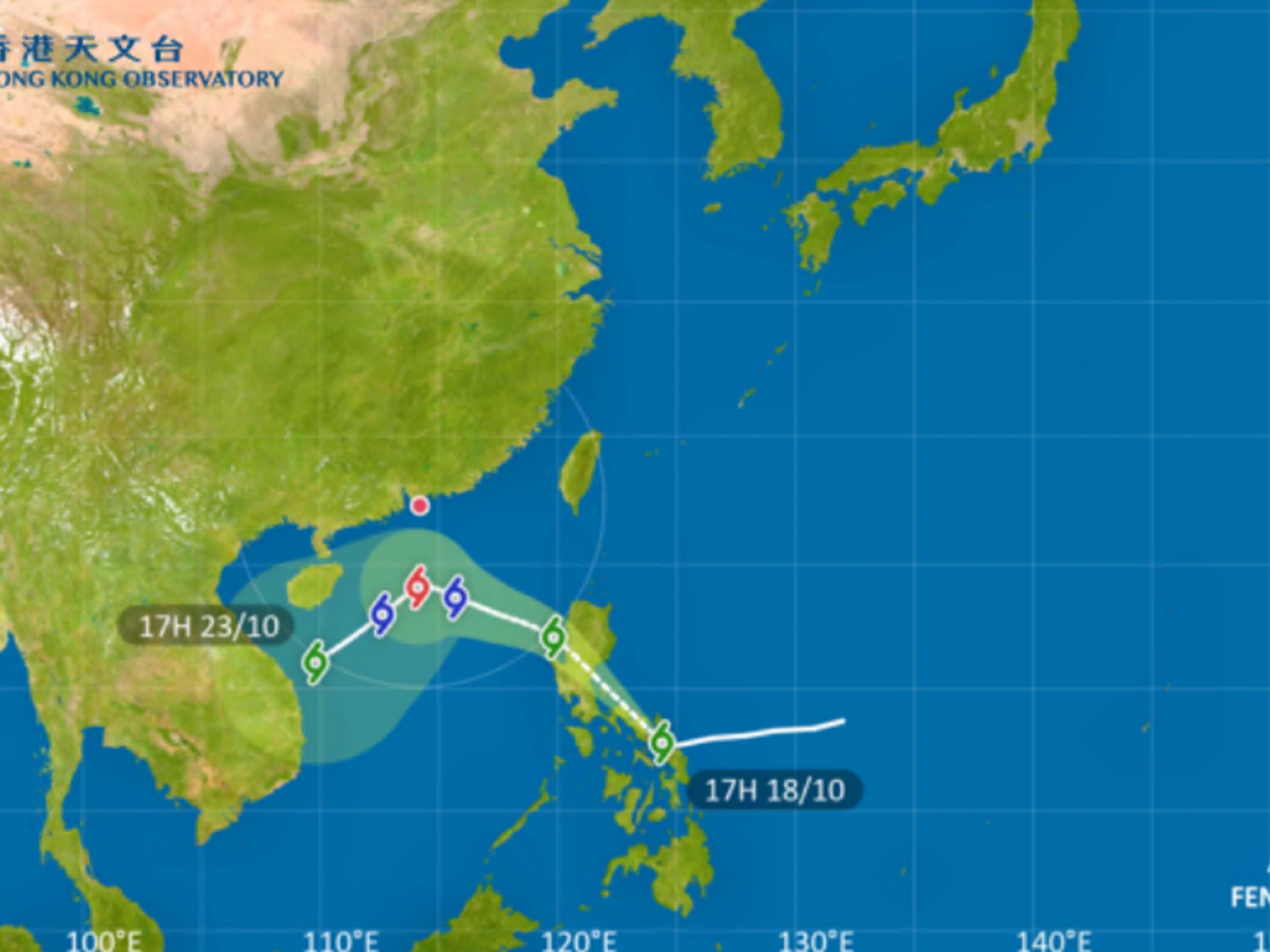 天文台說風神會在明日稍後，進入本港800公里範圍內。（天文台網頁圖片）