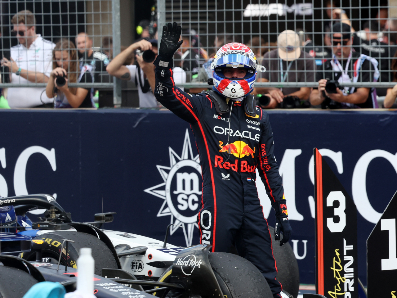 Red Bull's Max Verstappen celebrates after winning the sprint race. Photo: Reuters