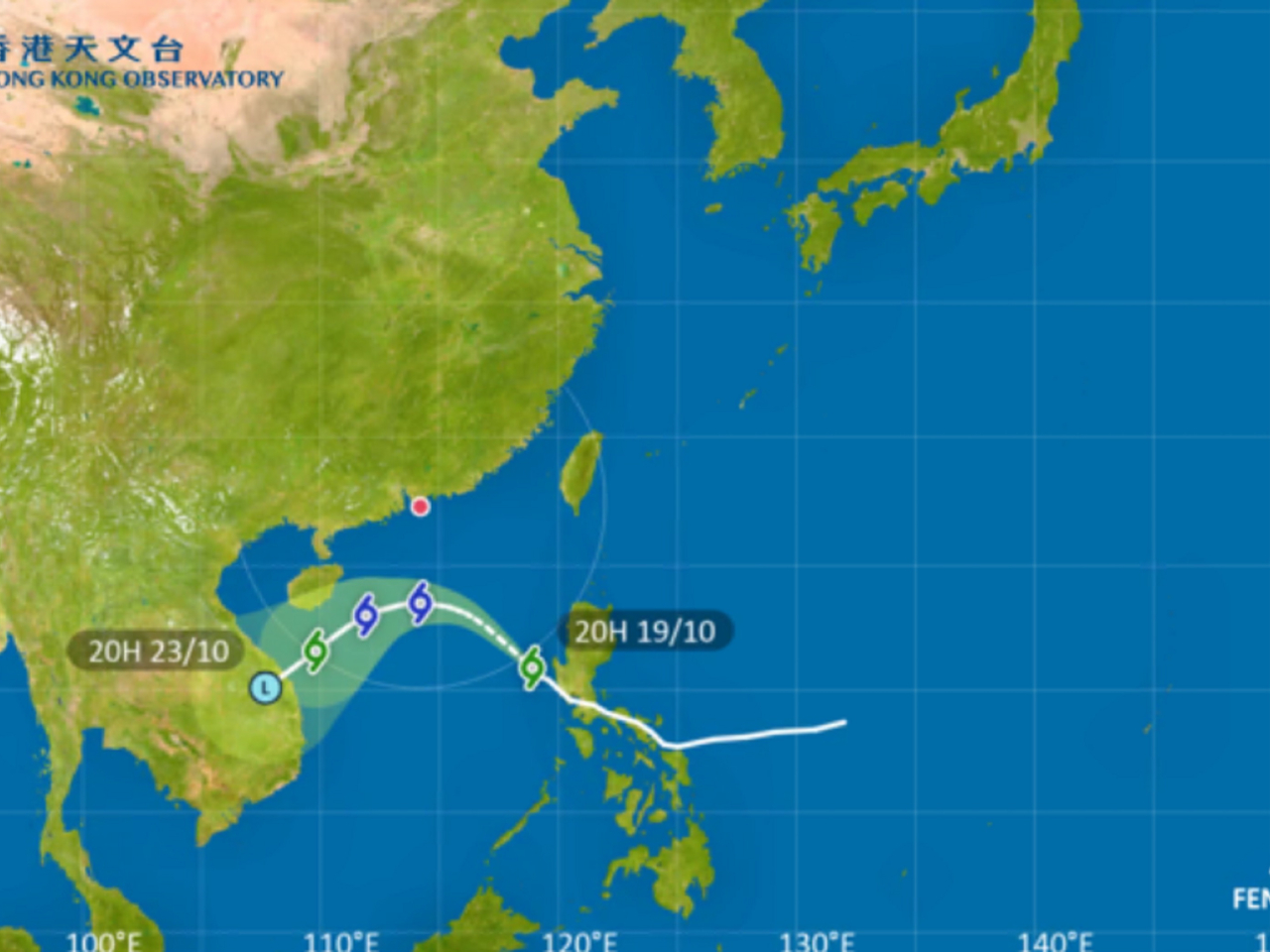 天文台表示熱帶氣旋風神今晚進入本港800公里範圍內。（天文台網頁圖片）