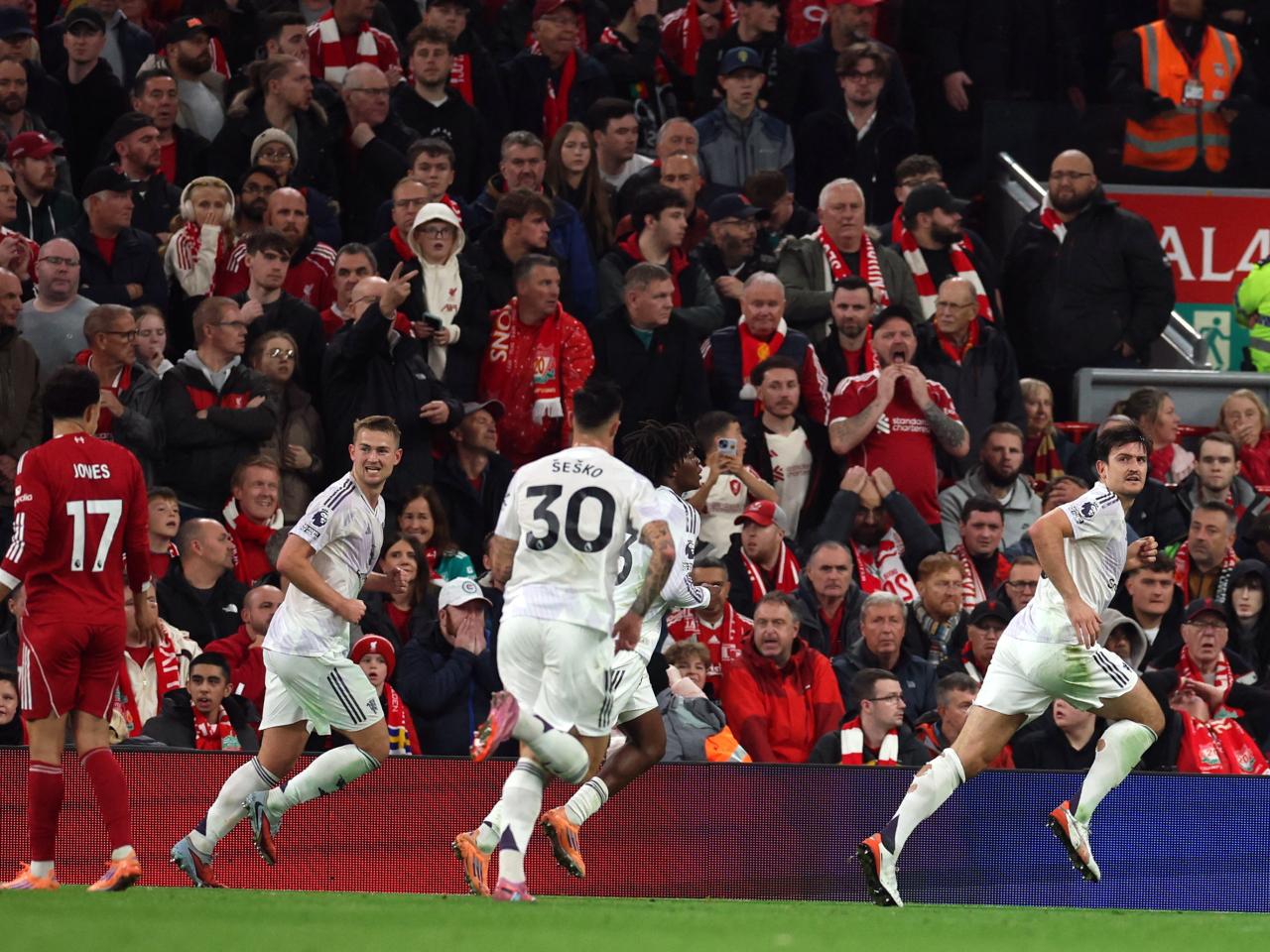 Harry Maguire put United ahead late in the second half to help his side earn all three points at Anfield. Photo: Reuters