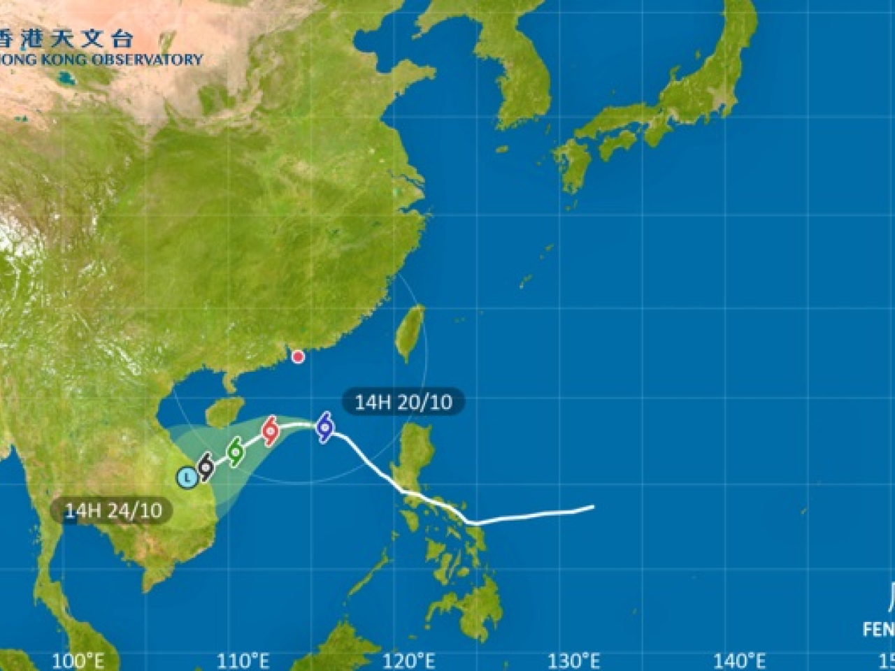 The Observatory says unless Fengshen adopts a track closer to the Pearl River Estuary or intensifies significantly, the chance of a higher signal is relatively low. Image courtesy of the Observatory