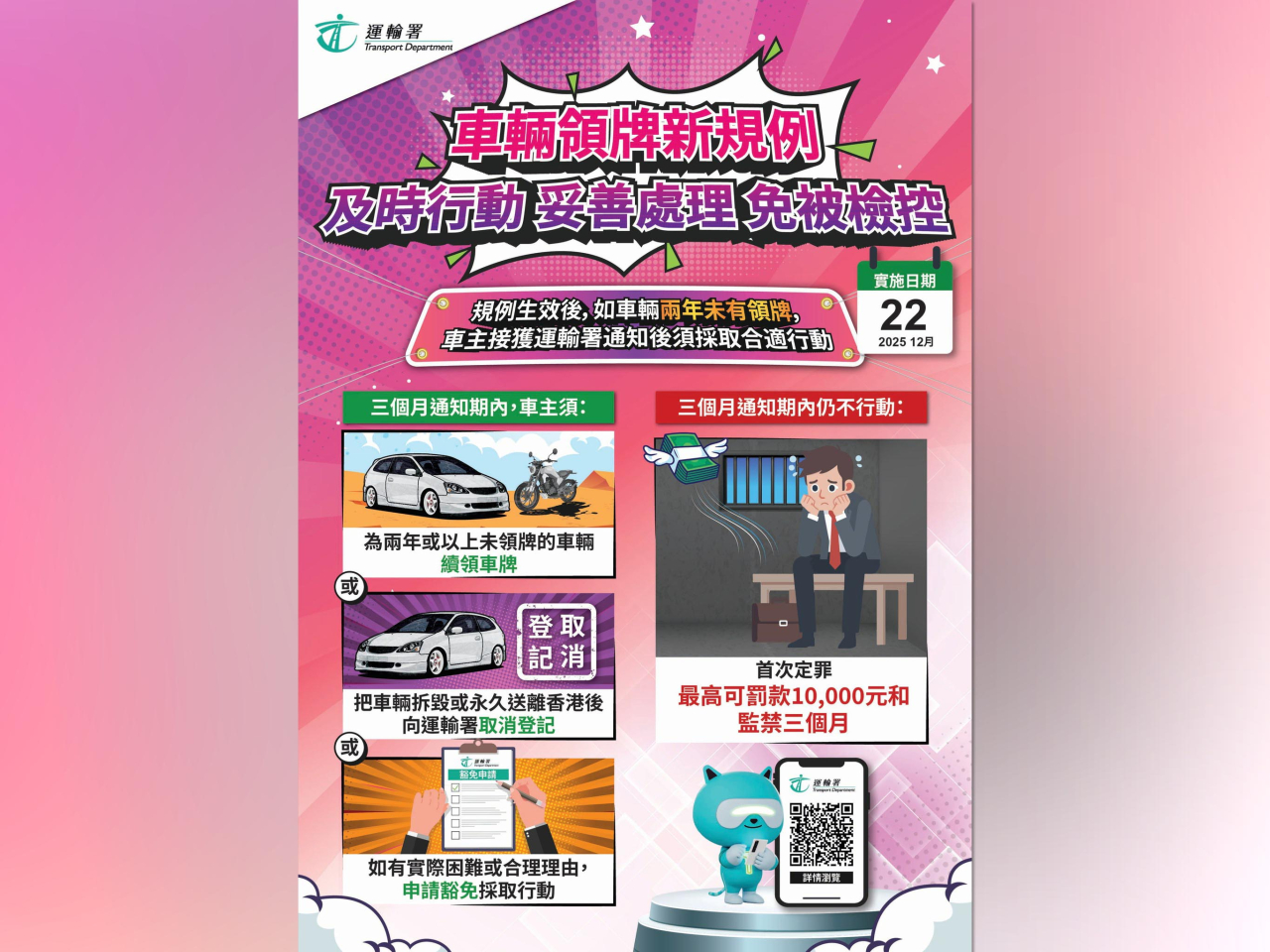 運輸署提醒車主，尤其是不在香港的車主，及時妥善處理名下兩年或以上未領牌的車輛，以免觸犯法例。（運輸署社交網站圖片）
