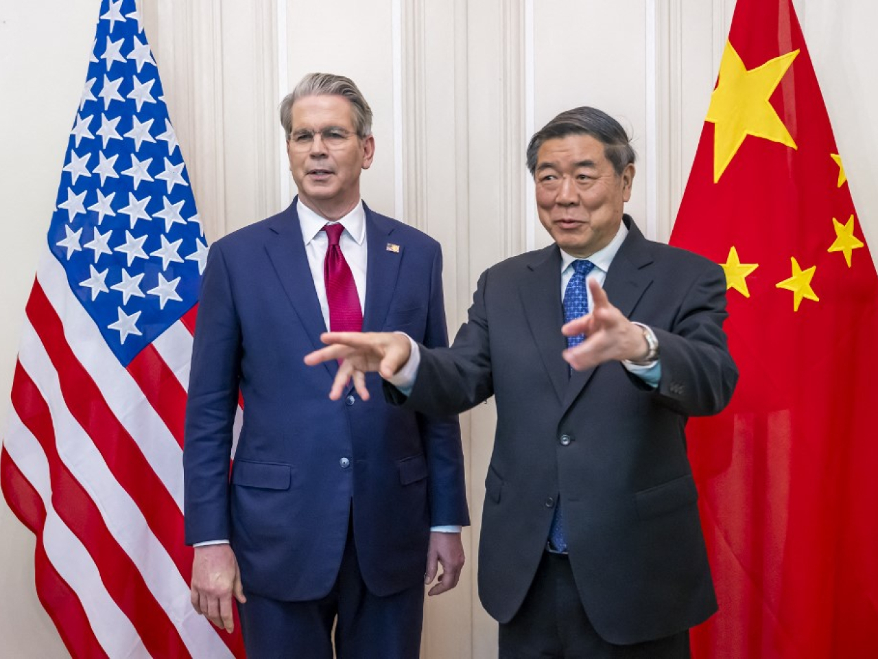 He Lifeng speaks as Scott Bessent looks on ahead of their talks in Geneva in May. File photo: AFP