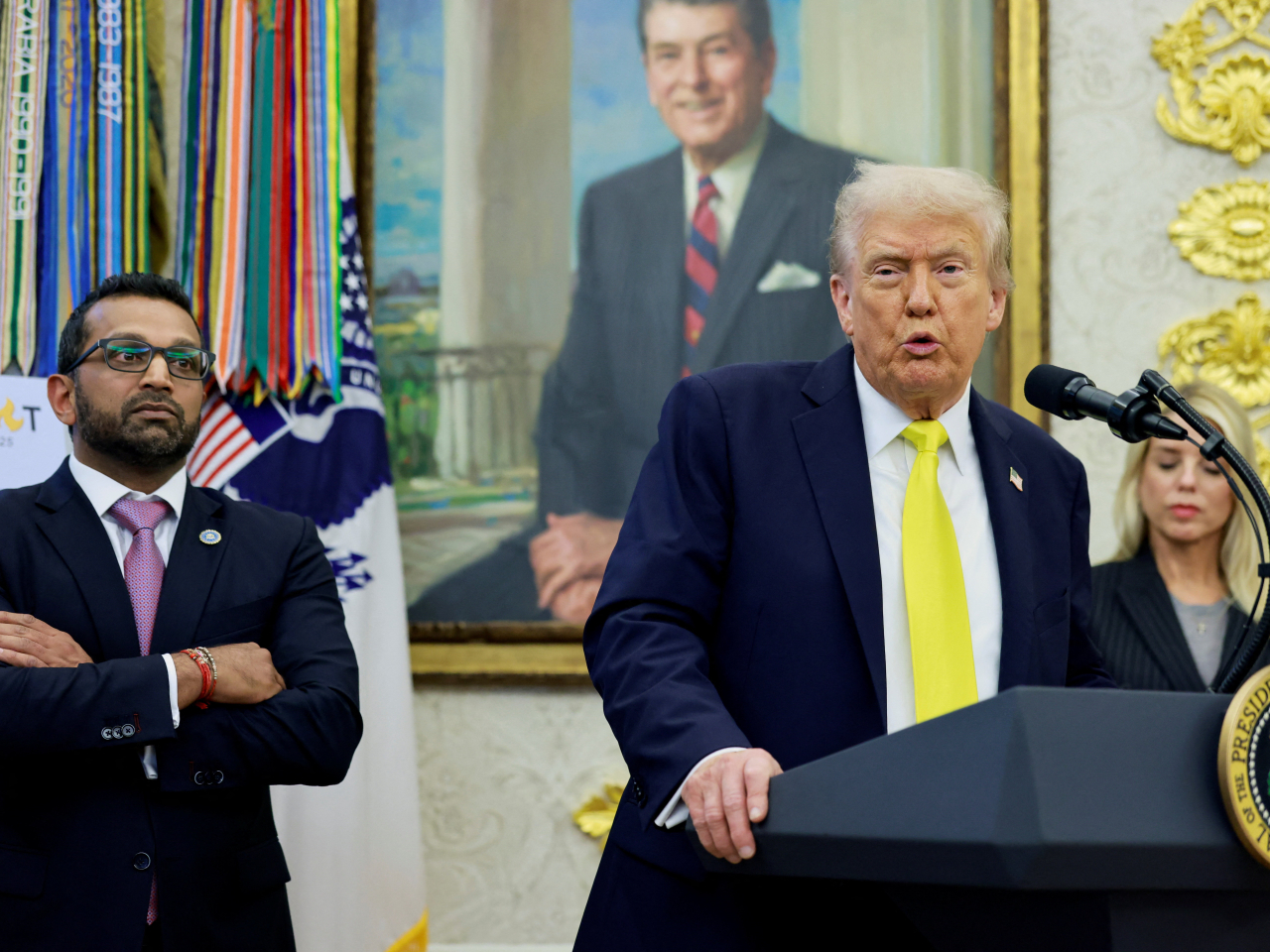 Donald Trump addresses the media in front of a presidential portrait of Ronald Regan in the White House. File photo: Reuters