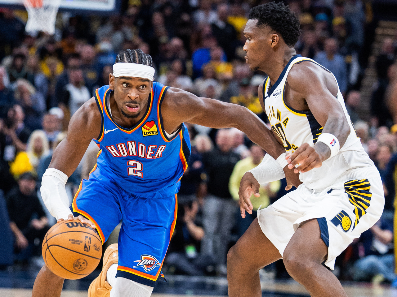 Oklahoma City's Shai Gilgeous-Alexander (left), poured in a career-high 55 points in the double overtime thriller against Indiana. Photo: Reuters