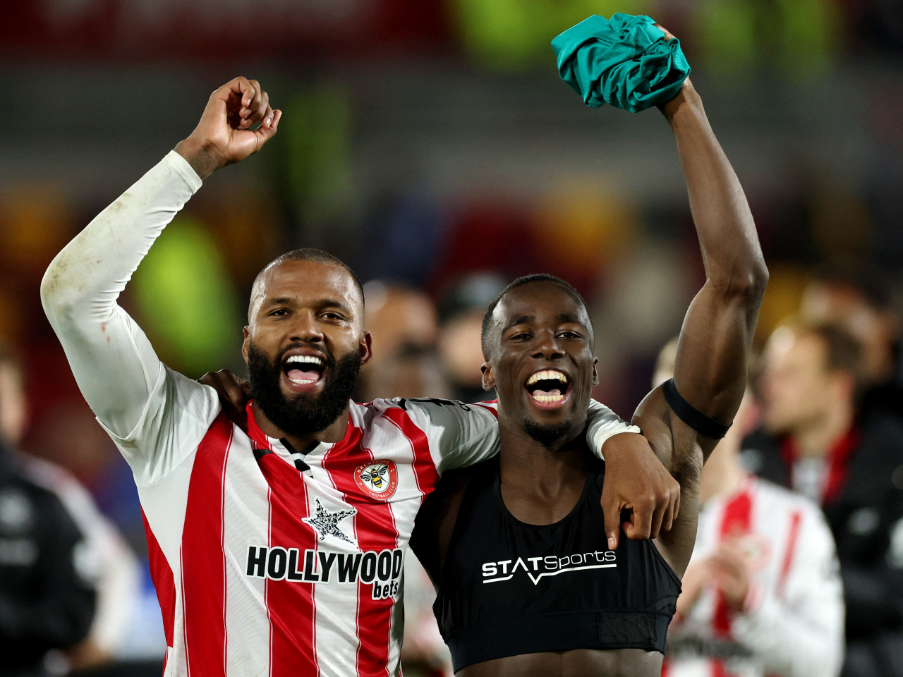 Brentford's Igor Thiago and Michael Kayode celebrate after the win. Photo: Reuters