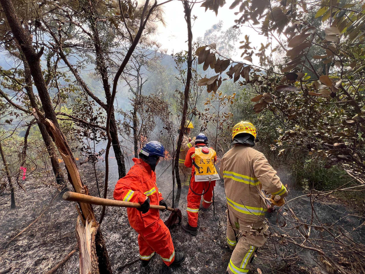 巡邏小隊在山火熱點快速撲滅初期火勢,防止山火蔓延。(政府新聞處)