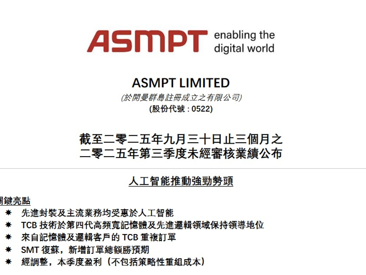 ASMPT公布，截至9月底止，上季業績轉虧近2.7億元，經調整盈利1億元，按季跌24%，但按年升逾2倍。（網上截圖）