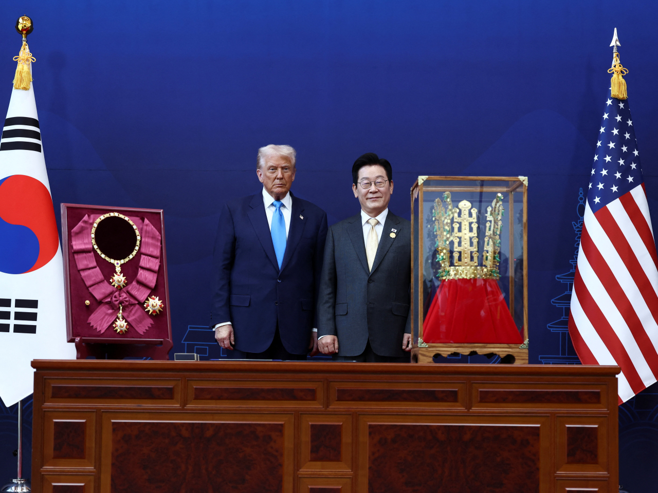 南韓總統李在明與到訪的美國總統特朗普會面。（路透社）