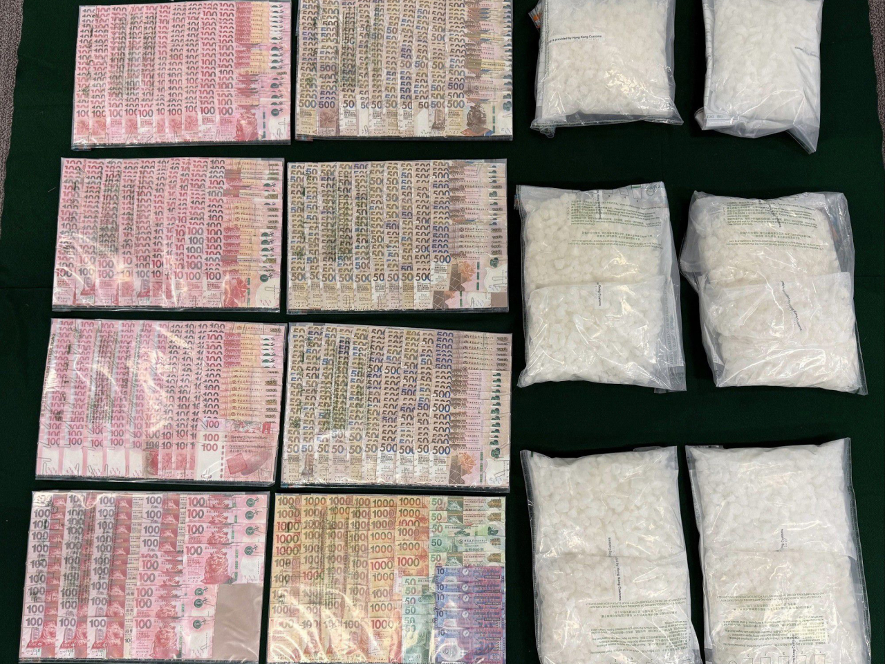 海關檢獲約900萬元懷疑氯胺酮及42萬元現金。（政府新聞處）