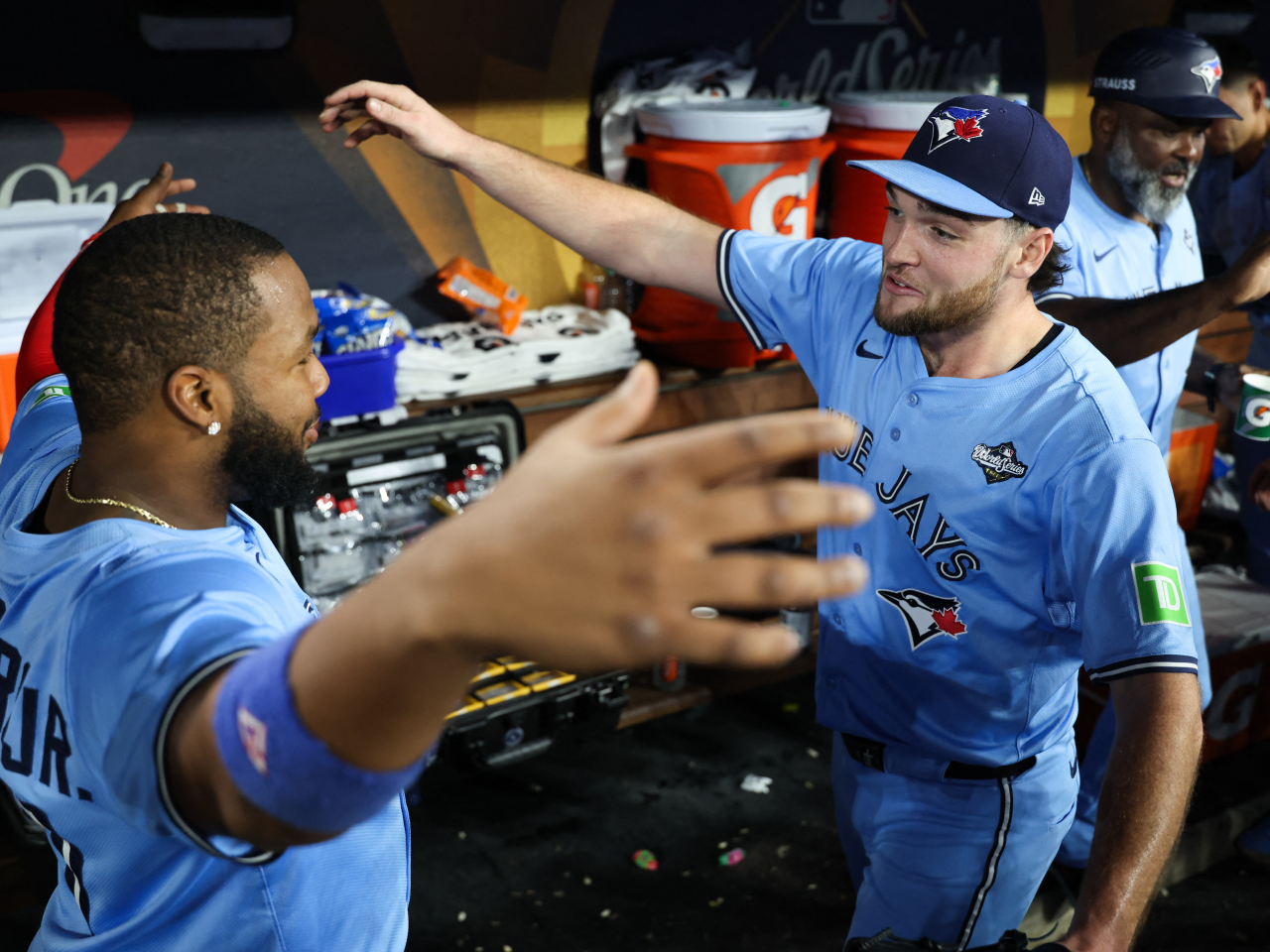 Trey Yesavage celebrates with Vladimir Guerrero Jr after almost single-handedly shutting out the big-hitting Dodgers in Los Angeles. Photo: Kiyoshi Mio-Imagn Images/Reuters