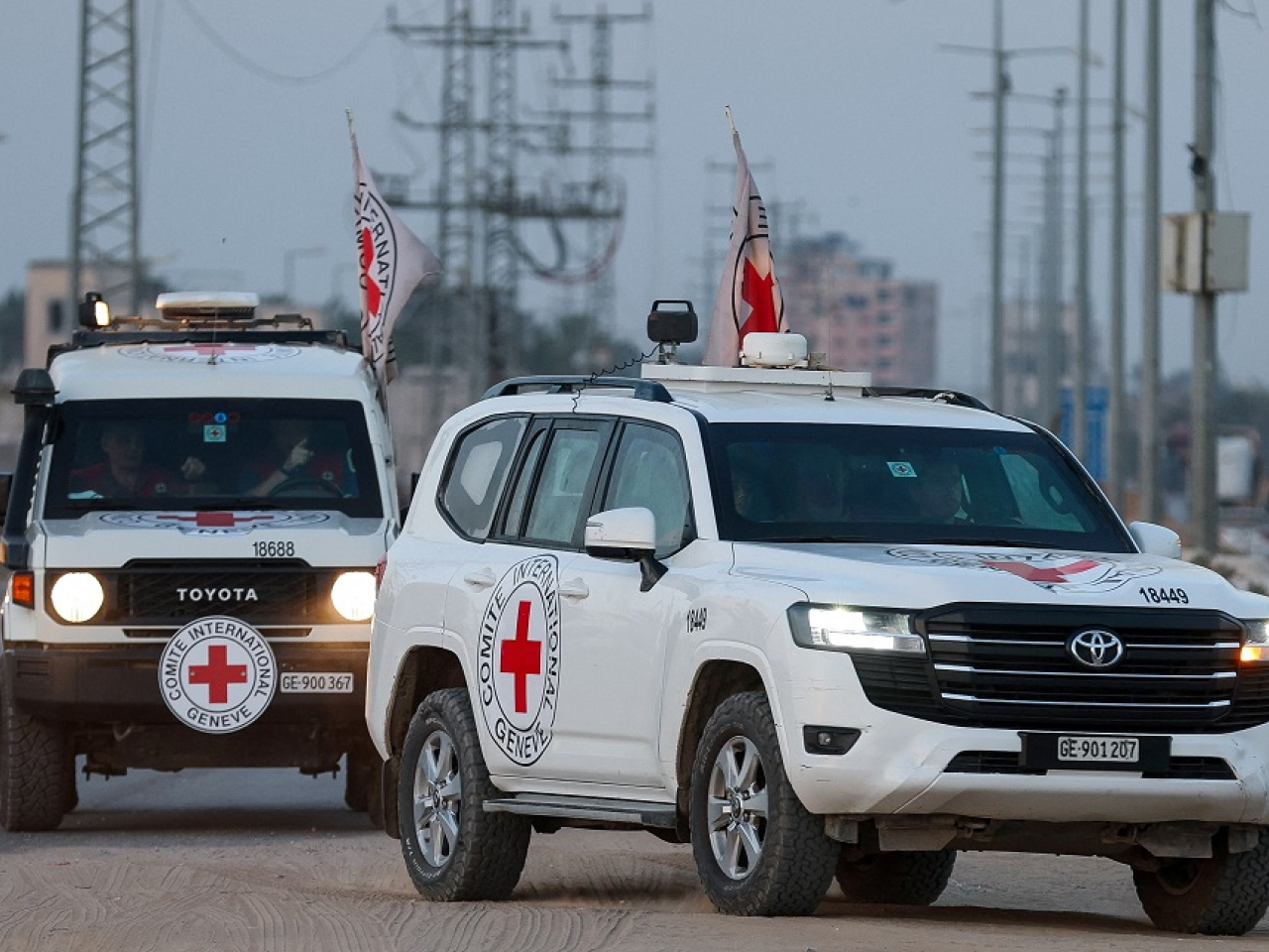Red Cross vehicles transfer the remains to Israeli forces in the Gaza Strip. Photo: Reuters