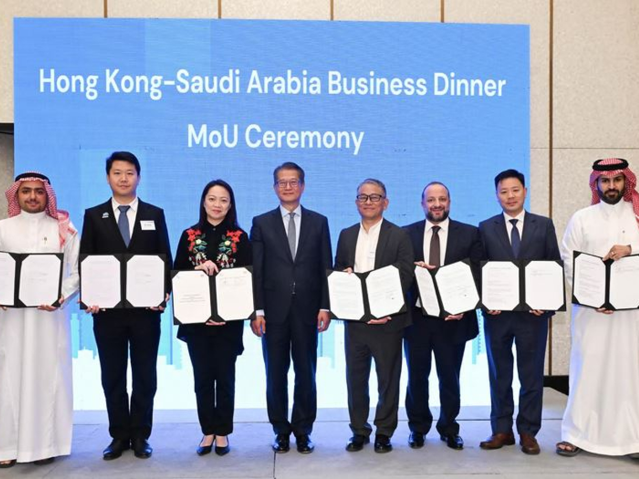 Five agreements were signed by Hong Kong delegation members and their partners in Riyadh, covering robotics, artificial intelligence, and digital economy. Photo: Courtesy of Government Information Services