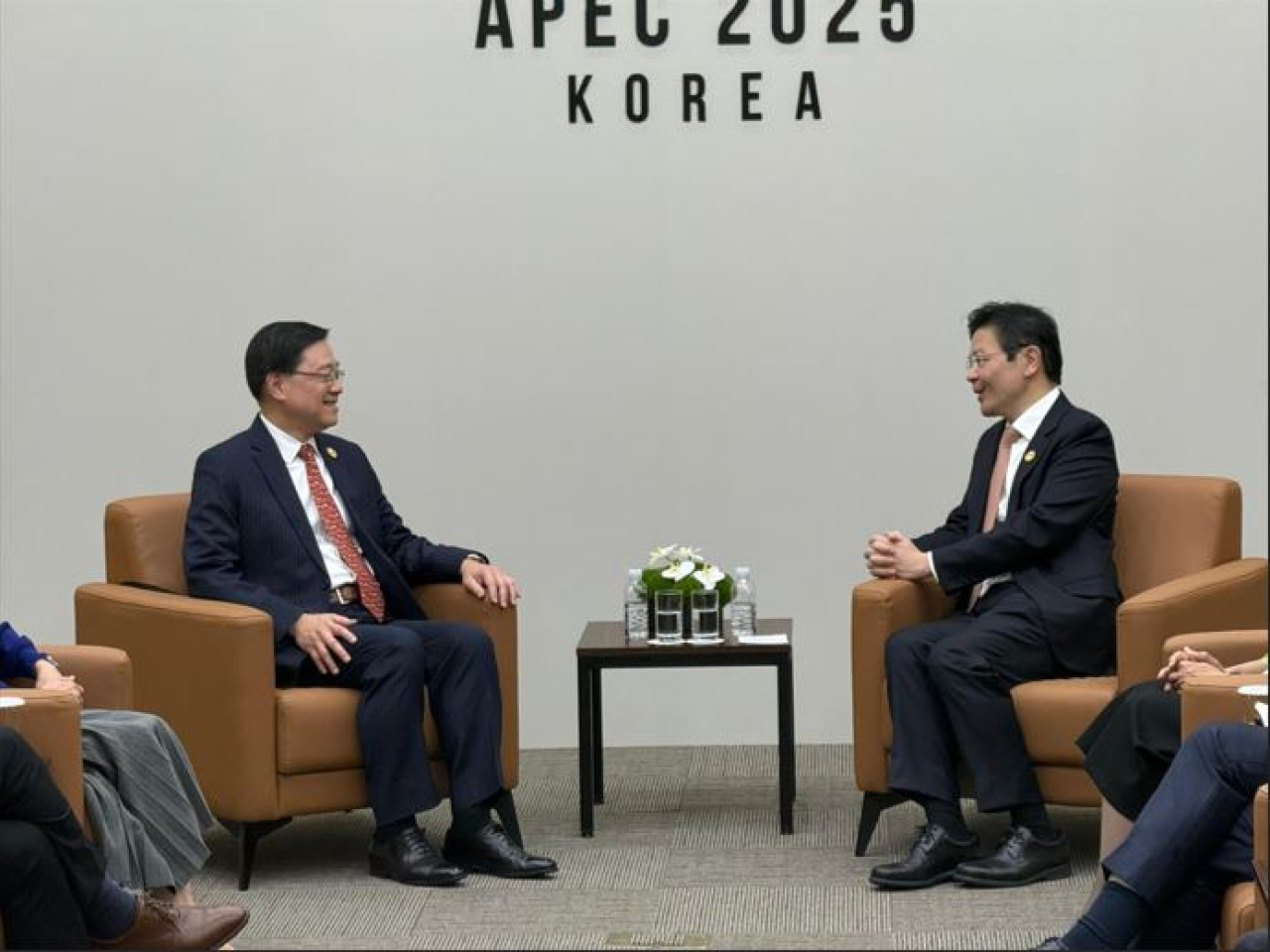 John Lee meets Singapore Prime Minister Lawrence Wong on the sidelines of the Apec summit in Gyeongju.