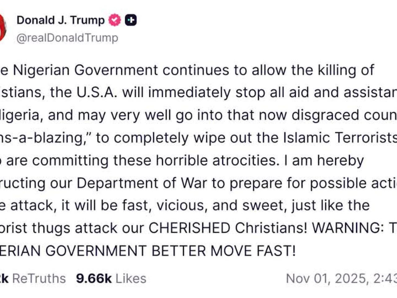 特朗普警告向尼日利亞採取軍事行動。（路透社）