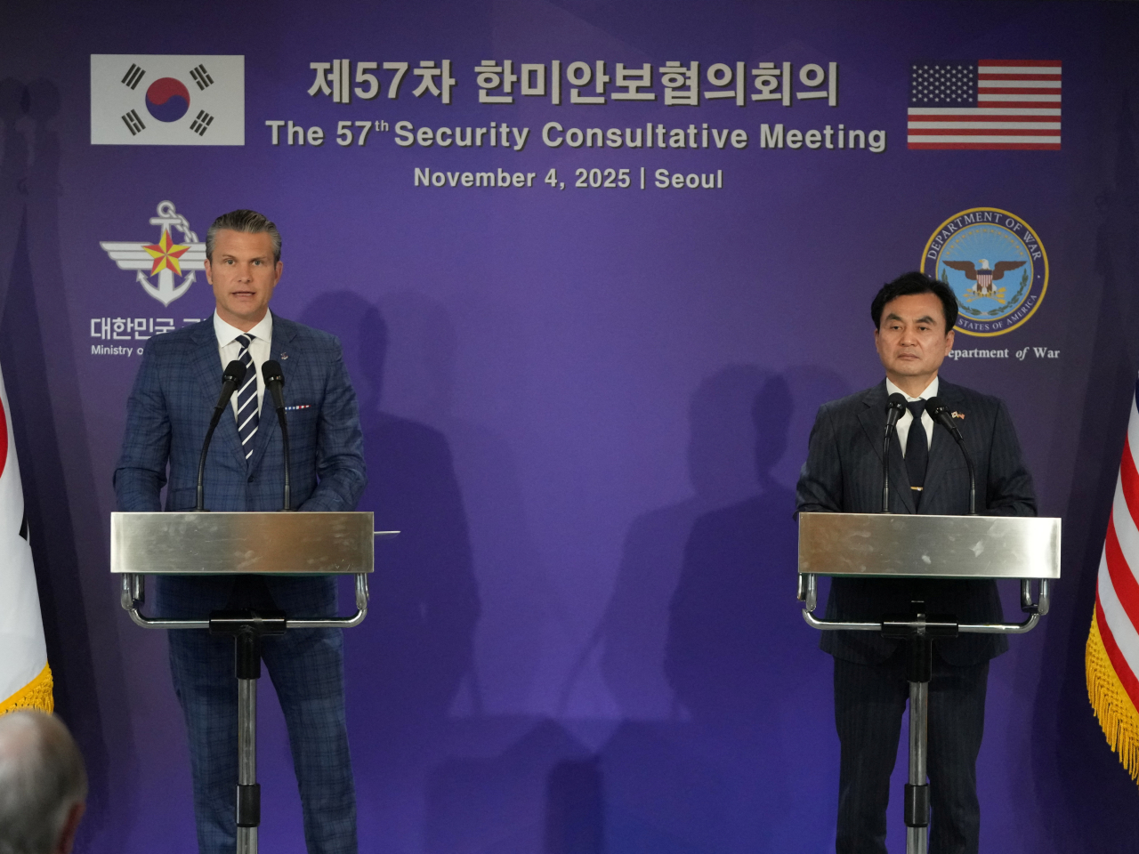 Pete Hegseth, left, and Ahn Gyu-back hold a press conference following their meeting in Seoul. Photo: Reuters