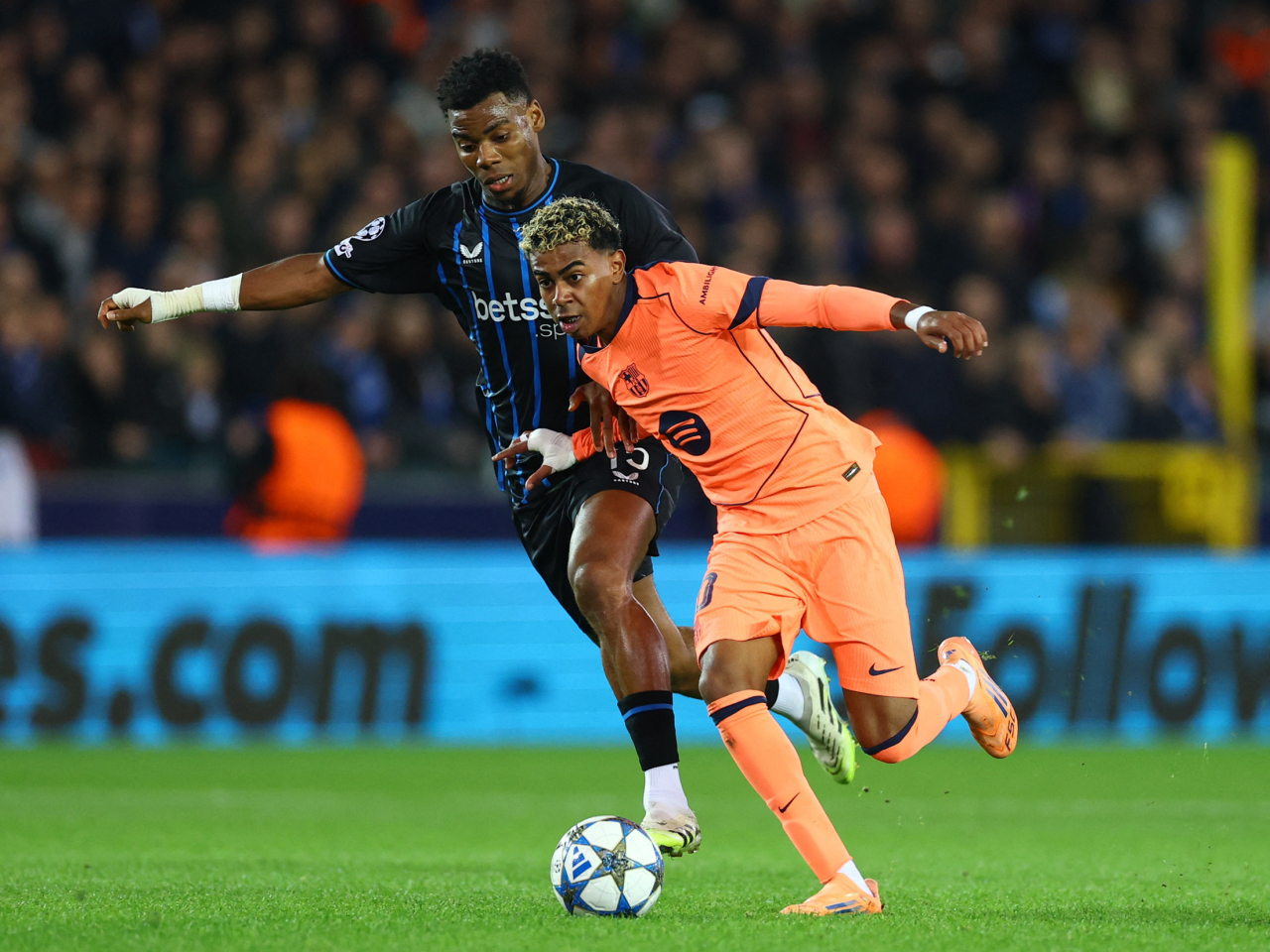 Teenage star Lamine Yamal (right) was among the goalscorers in Barcelona's 3-3 draw at Club Brugge. Photo: Reuters