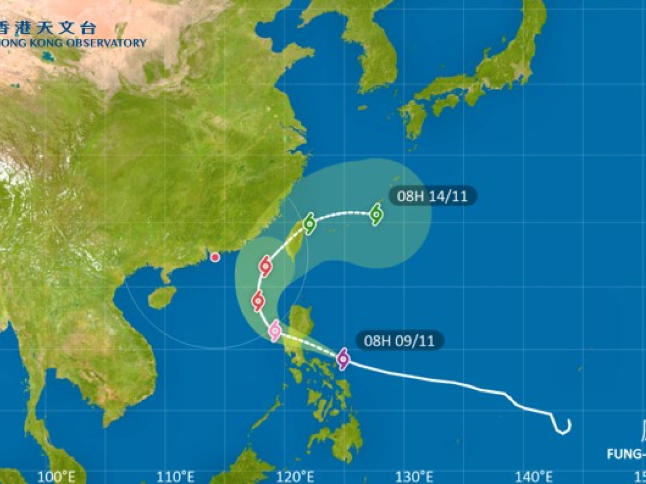 Fung-wong will come about 400 kilometres east of Hong Kong on Wednesday. Photo courtesy of the Hong Kong Observatory