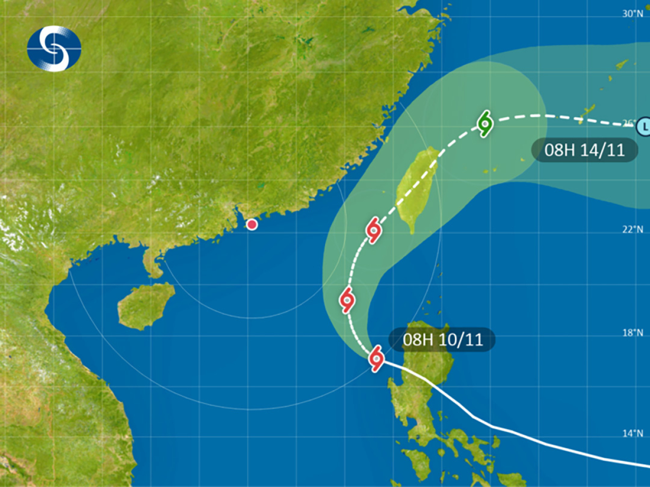 按現時預測，鳳凰明晚至星期三初時最接近本港，大約在以東400公里左右略過。（天文台網頁）