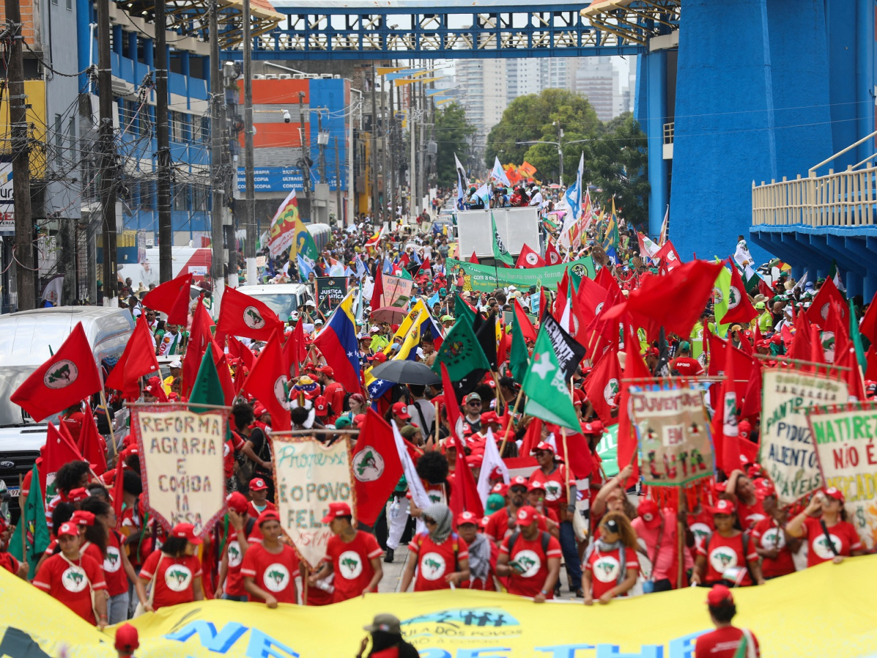 Demonstrators take part in a protest to call for climate justice and territorial protection during the UN Climate Change Conference in Belem. Photo: Reuters