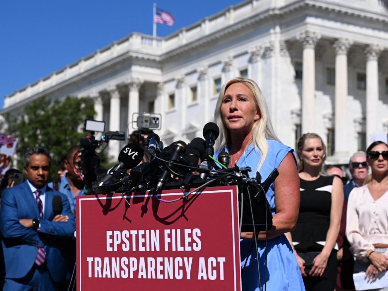 US Representative Marjorie Taylor Greene speaks during a press conference and rally in support of the victims of sex offender Jeffrey Epstein. File photo: AFP