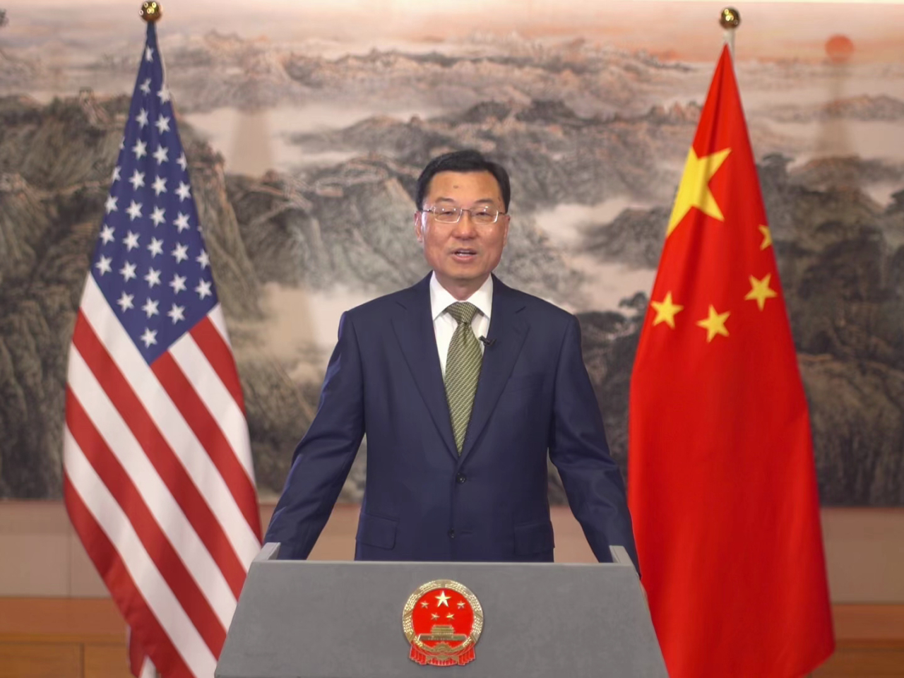 Ambassador Xie Feng speaks via video at the 6th US-China Hong Kong Forum. Photo courtesy of the US-China Hong Kong Forum.