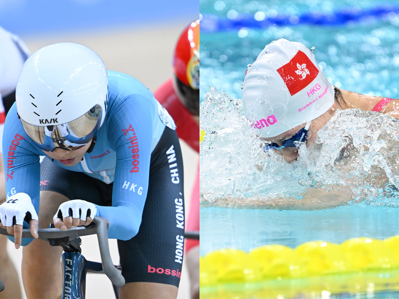 羅淑佩祝賀李思穎和何詩蓓。（新華社）