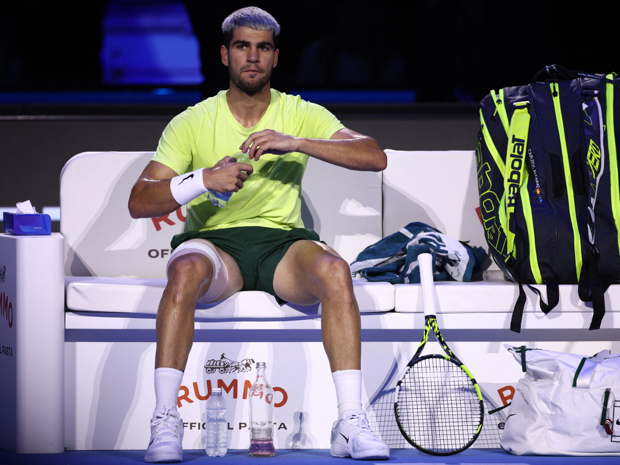 World No 1 Carlos Alcaraz had to have his upper right leg taped up during his ATP Finals championship match against his 'Big Two' counterpart Jannik Sinner. File photo: Reuters