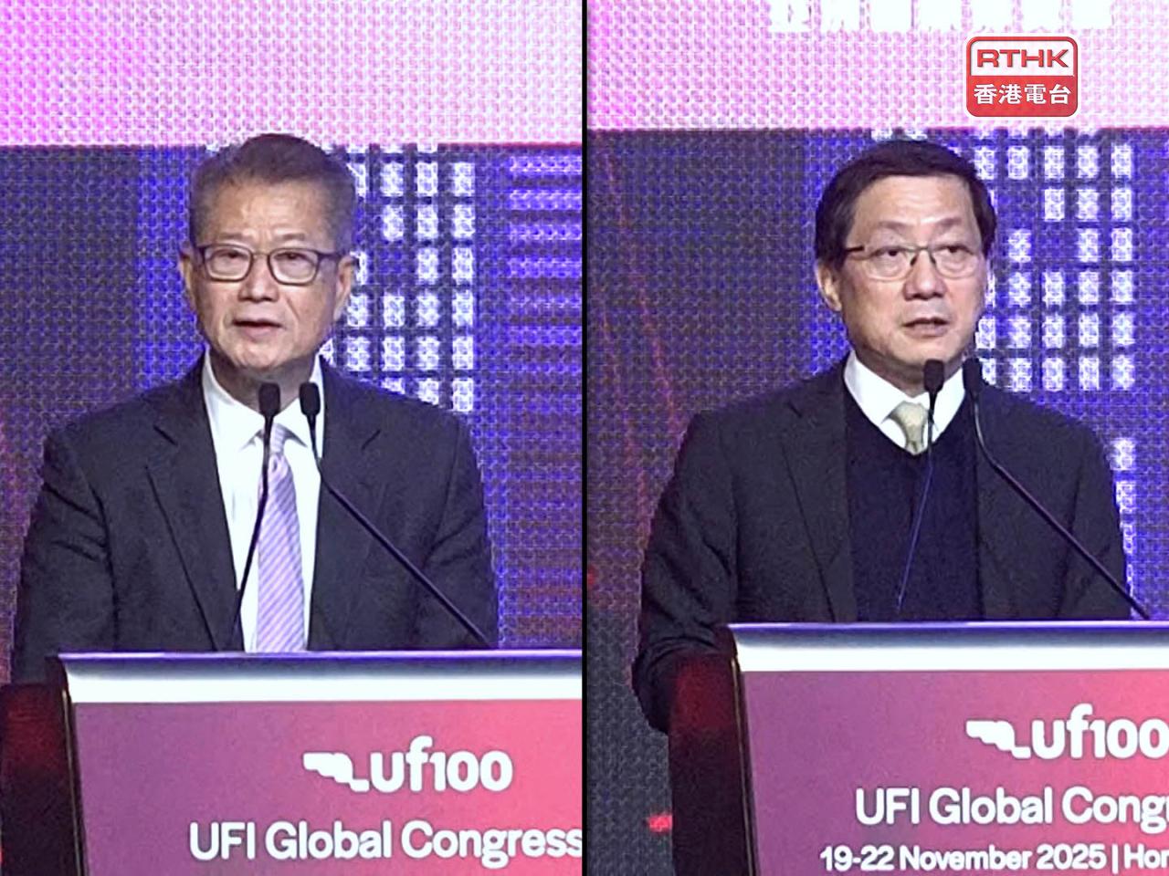 陳茂波（左）表示香港舉辦會展獎勵旅遊活動的主要優勢，包括便利內地及國際旅客訪港。林天福（右）指亞博館擁有地理優勢，相信擴建後更增加其吸引力。（郭志強攝）