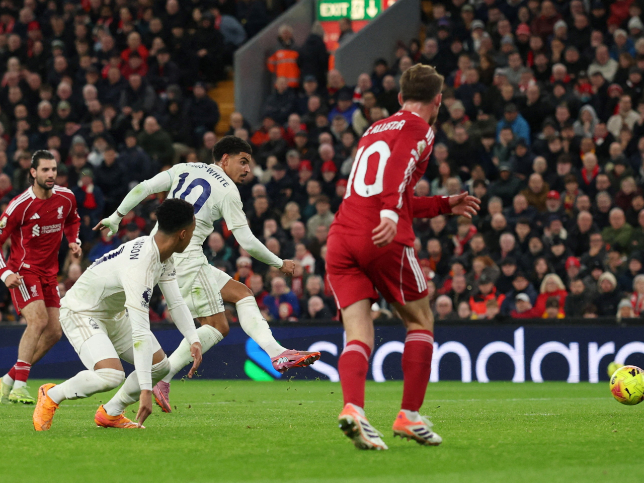 Nottingham Forest's Morgan Gibbs-White scores his side's third goal against Liverpool. Photo: Reuters