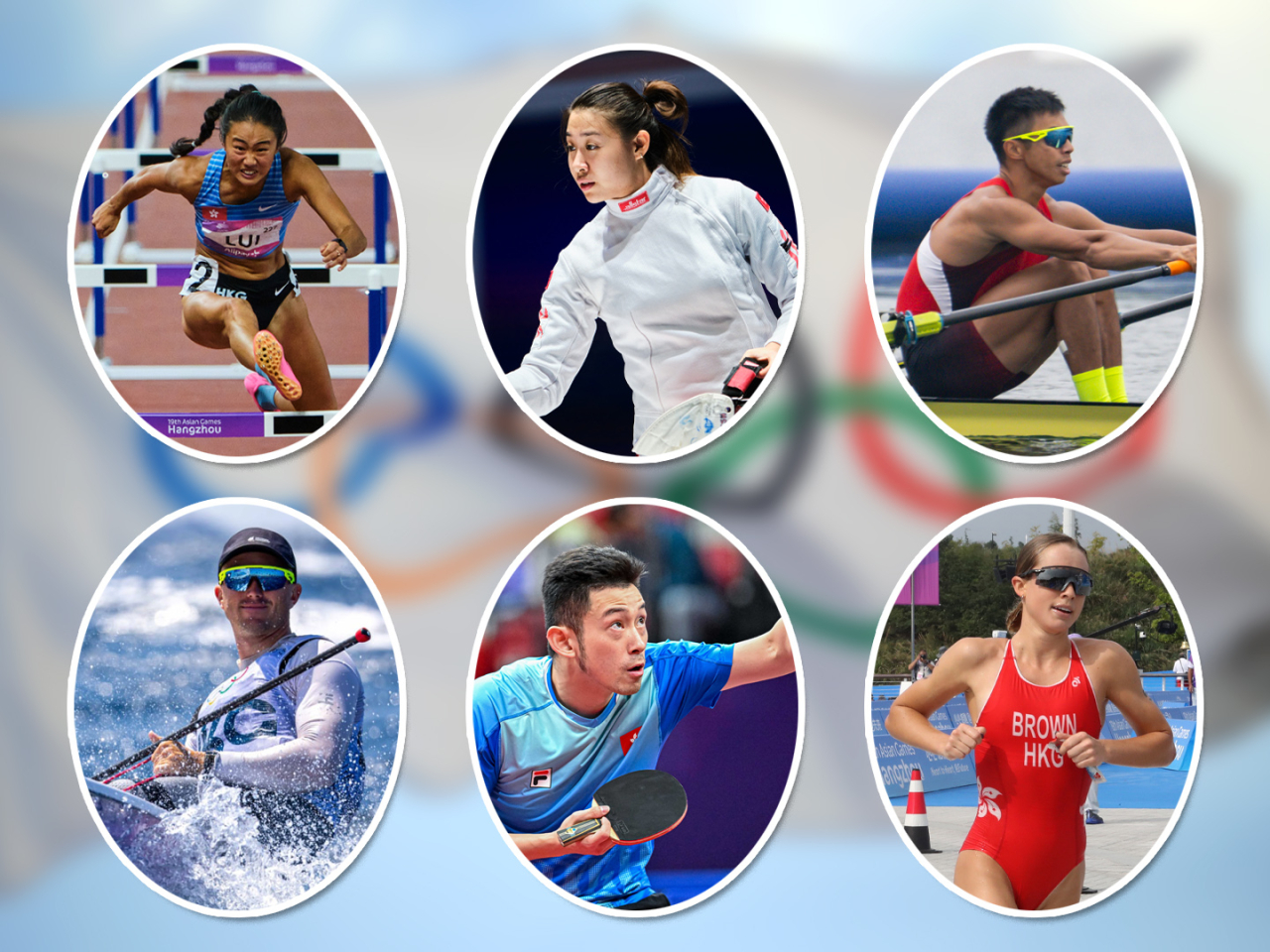 6名運動員分別為田徑代表呂麗瑤、劍擊代表佘繕妡、賽艇代表趙顯臻、帆船代表貝俊龍、乒乓球代表黃鎮廷和三項鐵人代表彭詩雅。（中國香港體育協會暨奧林匹克委員會）