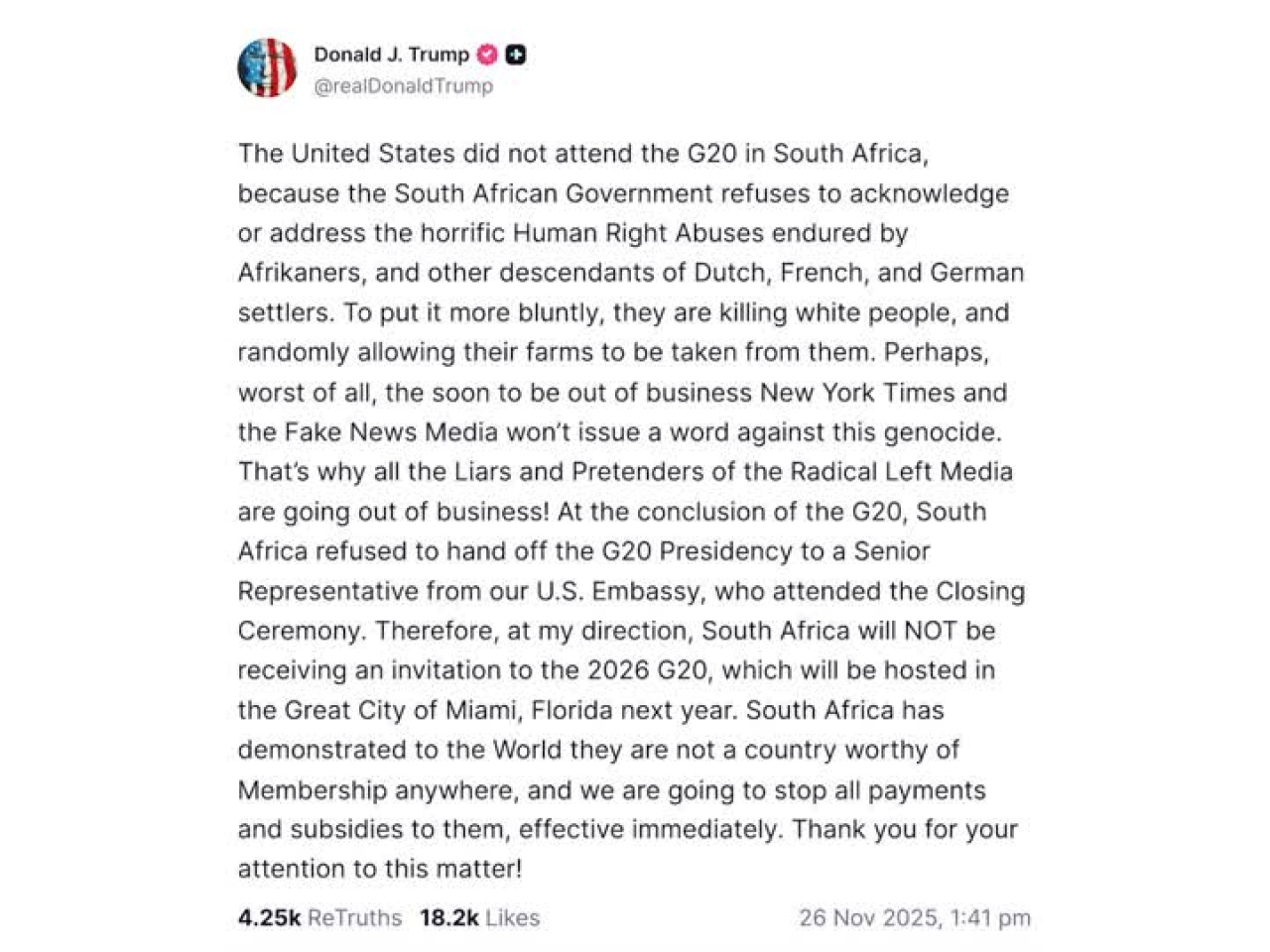 On his Truth Social platform US President Donald Trump accused South Africa of "killing white people, and randomly allowing their farms to be taken from them." Photo: Reuters