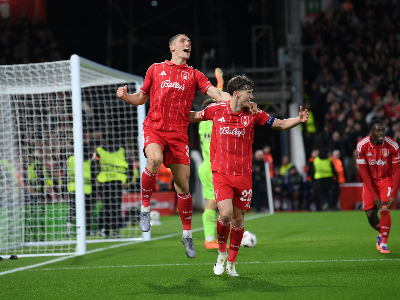 Nikola Milenkovic, left, netted his first goal for Forest in their win over Malmo. Photo: Reuters