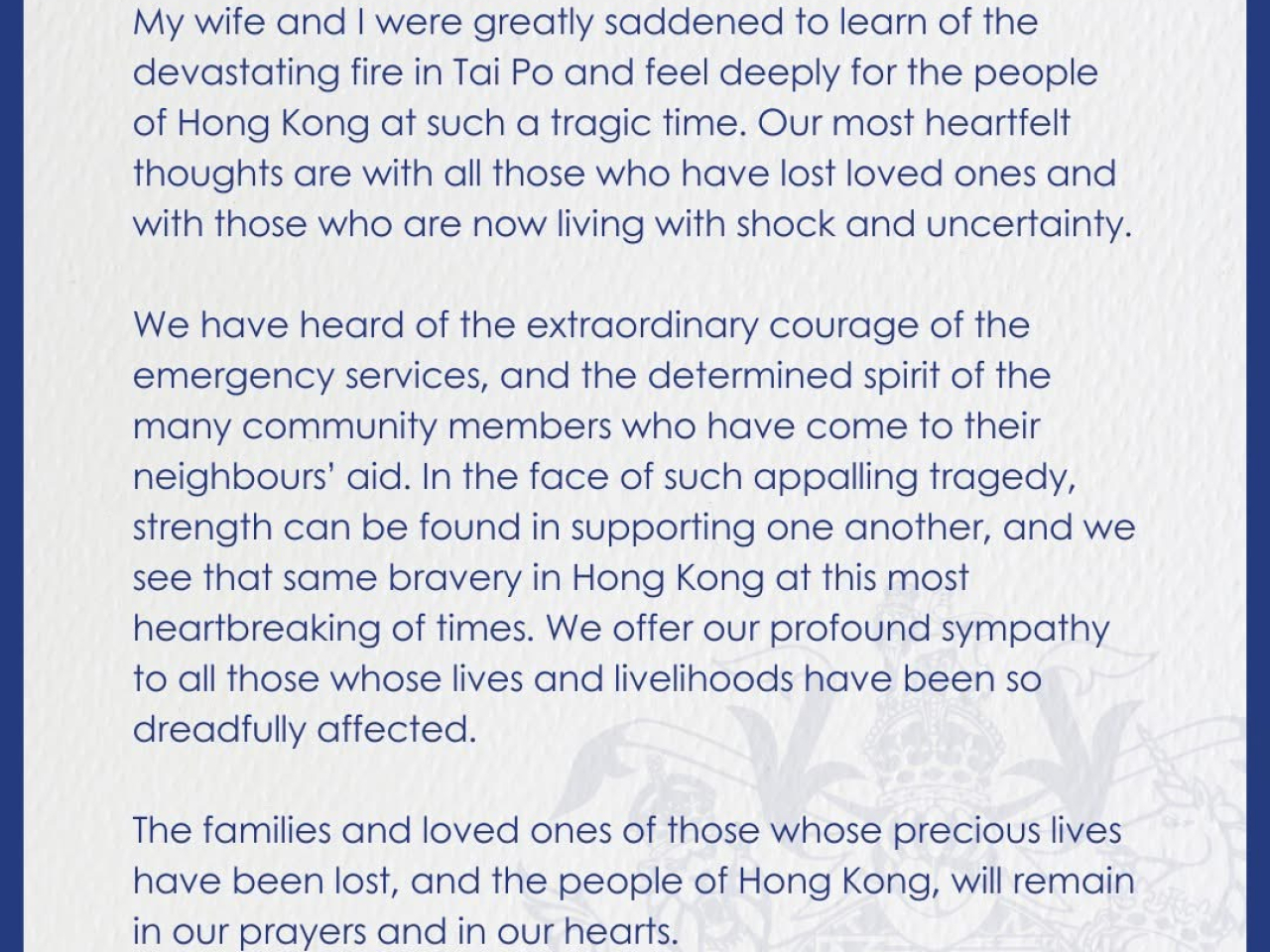宏福苑五級火｜英王查理斯三世發文悼念大埔宏福苑大火罹難者
