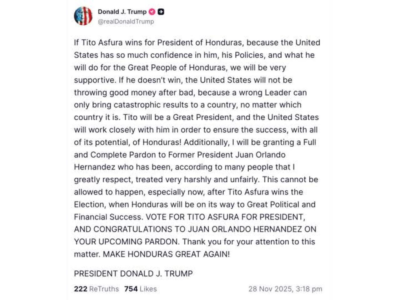 洪都拉斯總統大選舉行前夕，特朗普突然宣佈赦免因販毒被定罪的前總統埃爾南德斯。（路透社）