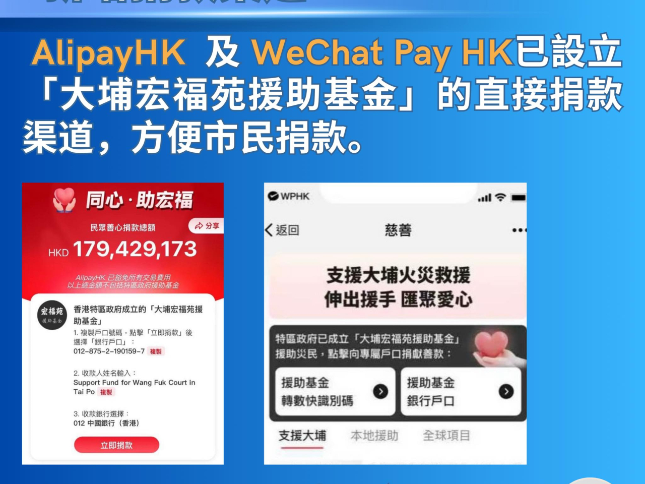 黃偉綸說， AlipayHK及WeChat Pay HK已設立「大埔宏福苑援助基金」的直接捐款渠道，方便市民捐款。（黃偉綸社交專頁）